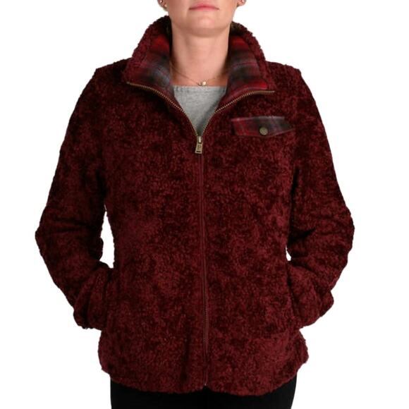 Pendleton Sherpa Teddy Jacket Fleece Full Zipper Plaid Chest Pocket Red Medium - Picture 1 of 5